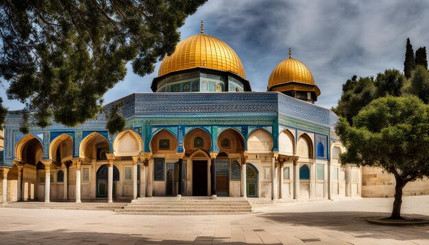 Foto uma mesquita com uma cúpula dourada e um céu azul atrás dela