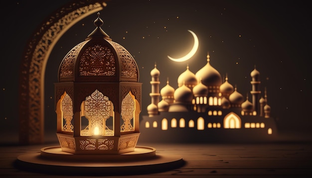 Uma mesquita com uma lanterna em um fundo de lua crescente Banner de estilo islâmico para exibição de produtos Belo convite muçulmano Eid mubarak Fundo religioso Generative AI