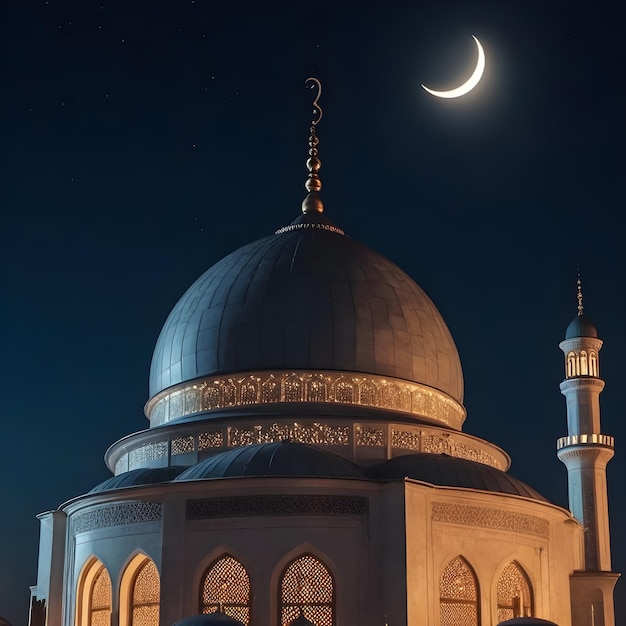 uma mesquita com uma lua ao fundo e uma lua crescente ao fundo