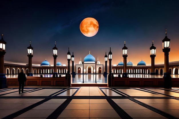 Uma mesquita com uma lua ao fundo