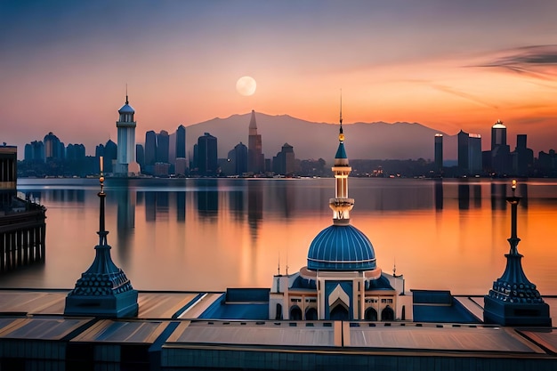 uma mesquita com uma lua ao fundo