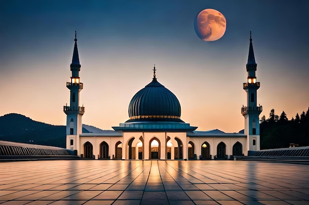 uma mesquita com uma lua ao fundo