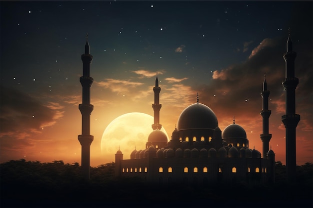 Uma mesquita com uma lua ao fundo