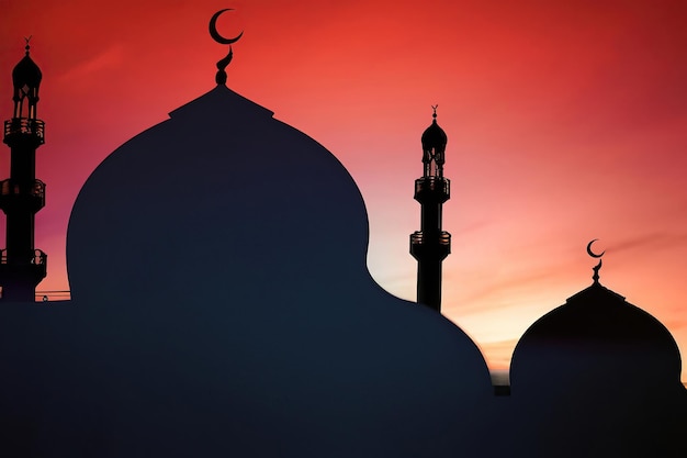 Uma mesquita com uma lua crescente ao fundo