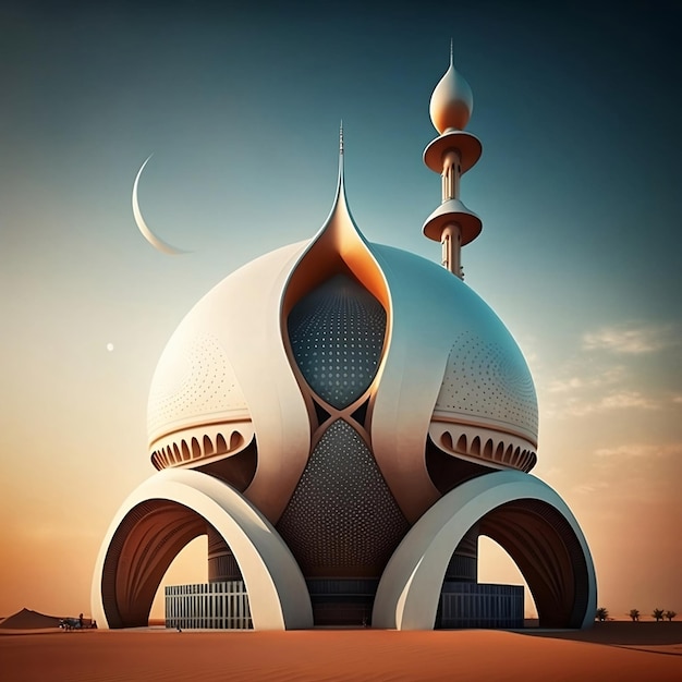 Uma mesquita com uma lua crescente ao fundo
