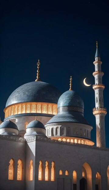 uma mesquita com uma lua crescente no fundo