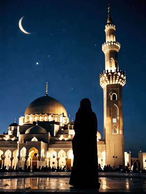 uma mesquita com uma lua e uma estátua no fundo