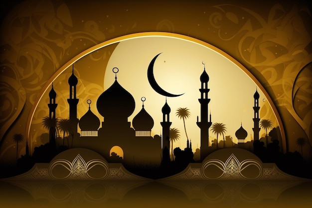 Uma mesquita com uma lua e uma lua crescente ao fundo