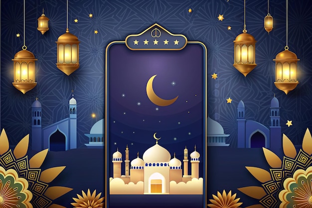 uma mesquita com uma lua e uma mesquita no topo