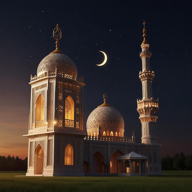 uma mesquita com uma lua no céu e uma lua no fundo