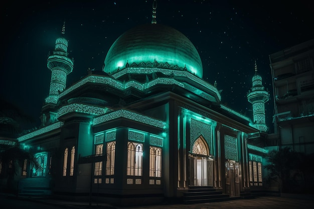 Uma mesquita com uma luz verde na frente