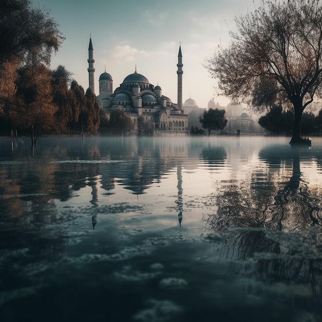 Uma mesquita em Istambul com um lago em primeiro plano e árvores ao fundo.