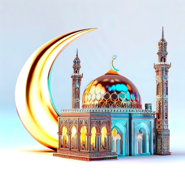Uma mesquita em miniatura e uma lua crescente estão na frente de um fundo azul.