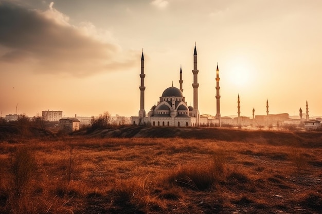 Uma mesquita em um campo com o sol se pondo atrás dela