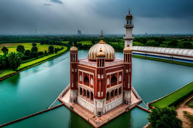 Uma mesquita em um lago com um lago no meio