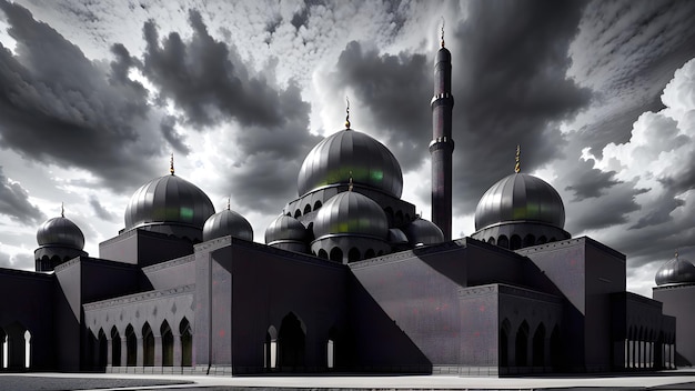 Uma mesquita negra com um céu nublado ao fundo