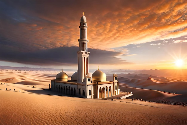 Uma mesquita no deserto com o céu ao fundo