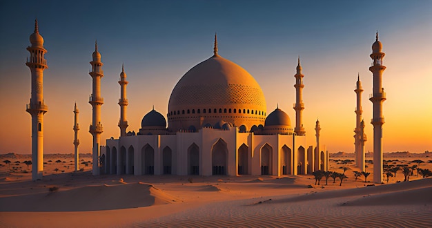 Uma mesquita no deserto com o pôr do sol