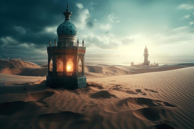 Uma mesquita no deserto com um céu azul e uma torre ao fundo.