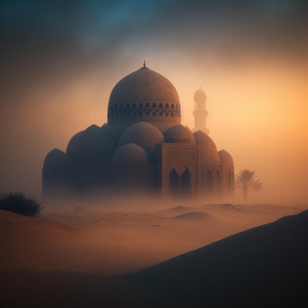 Foto uma mesquita no deserto com um céu nublado