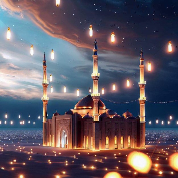 Uma mesquita no Eid com luzes na parte superior e inferior da imagem