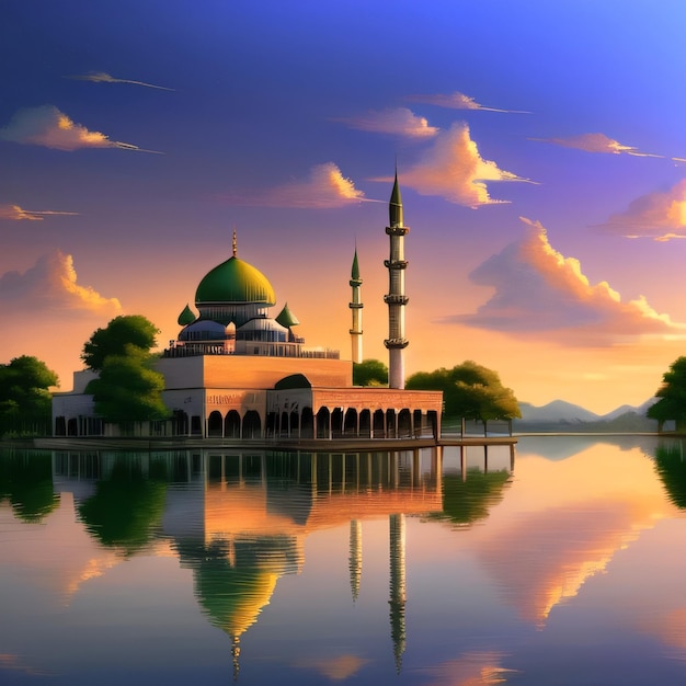 Uma mesquita no lago com nuvens e árvores