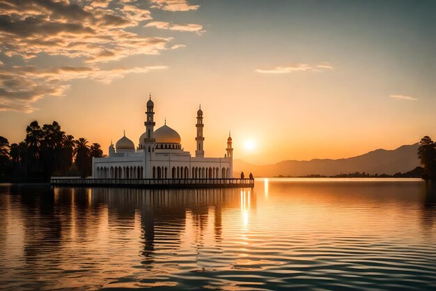 Uma mesquita no meio de um lago com o sol a pôr-se atrás dela