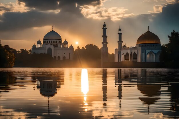 Uma mesquita no meio de um lago com o sol a pôr-se atrás dela