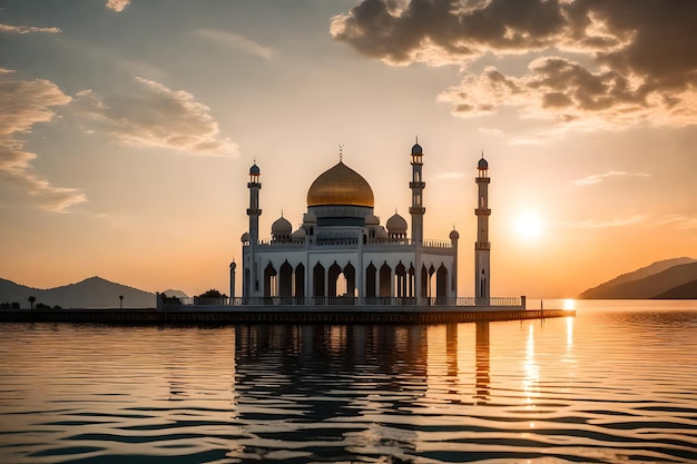 Uma mesquita no meio de um lago com o sol a pôr-se atrás dela