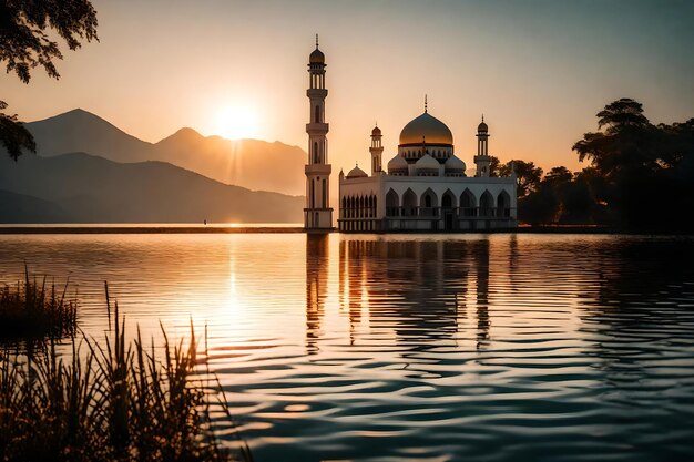 Uma mesquita no meio de um lago com o sol a pôr-se atrás dela