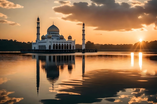 Uma mesquita no meio de um lago com o sol a pôr-se atrás dela