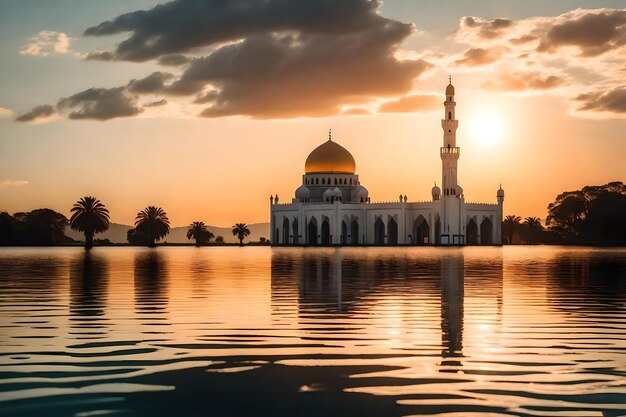 Uma mesquita no meio de um lago com o sol a pôr-se atrás dela