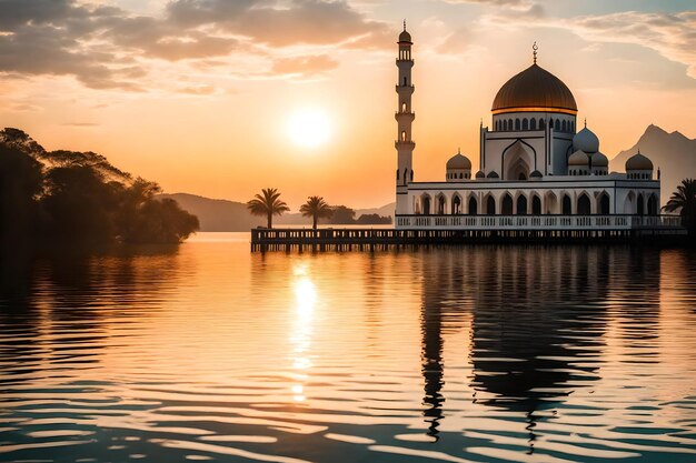 Uma mesquita no meio de um lago com o sol a pôr-se atrás dela