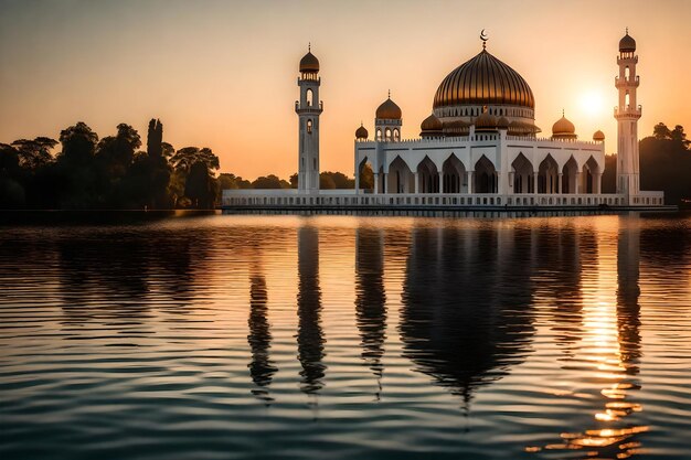 Uma mesquita no meio de um lago com o sol a pôr-se atrás dela