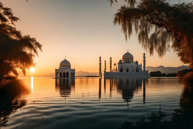 Uma mesquita no meio de um lago com o sol a pôr-se atrás dela