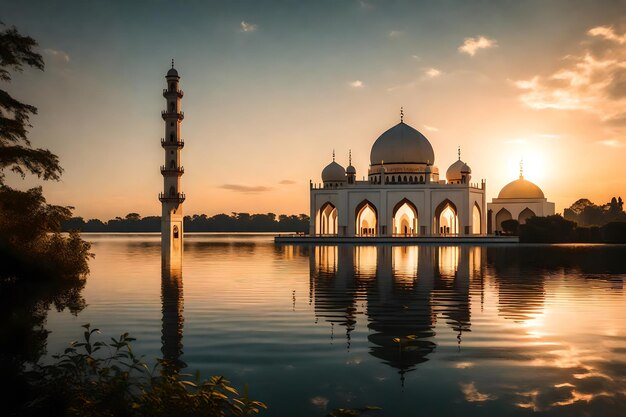 Uma mesquita no meio de um lago com o sol a pôr-se atrás dela