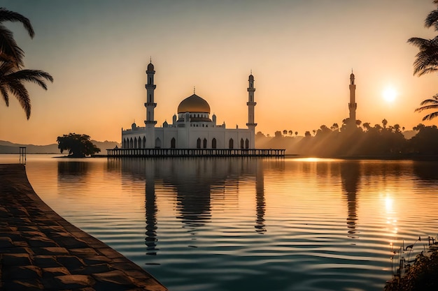 Uma mesquita no meio de um lago com o sol a pôr-se atrás dela