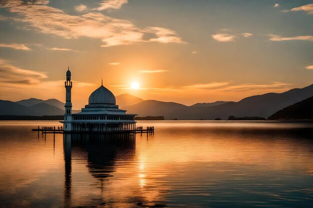 Uma mesquita no meio de um lago com o sol a pôr-se atrás dela