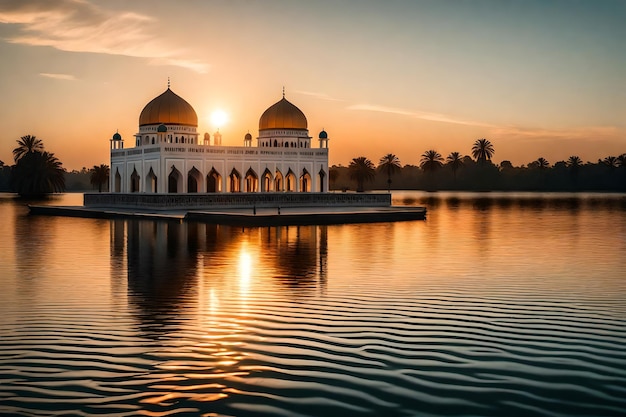 Uma mesquita no meio de um lago com o sol a pôr-se atrás dela