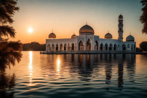 Uma mesquita no meio de um lago com o sol a pôr-se atrás dela