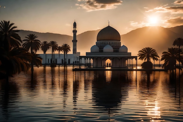 Uma mesquita no meio de um lago com o sol a pôr-se atrás dela