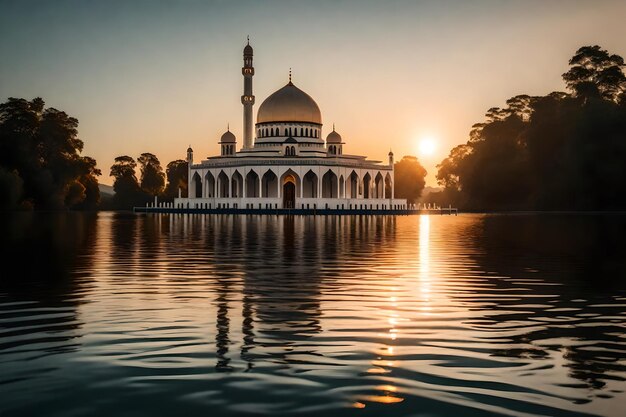 Uma mesquita no meio de um lago com o sol a pôr-se atrás dela