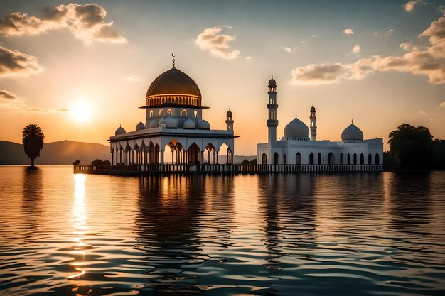 Uma mesquita no meio de um lago com o sol a pôr-se atrás dela