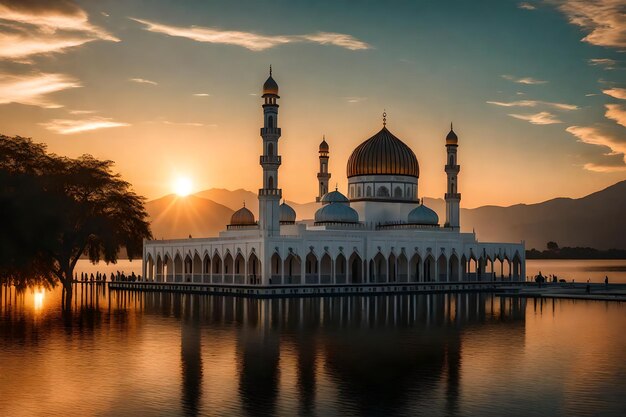 Uma mesquita no meio de um lago com o sol a pôr-se atrás dela