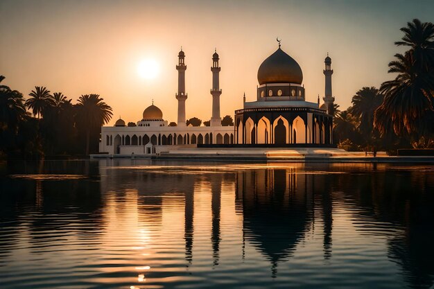 Uma mesquita no meio de um lago com o sol a pôr-se atrás dela