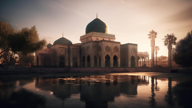 Uma mesquita no meio de um lago com o sol se pondo atrás dela.