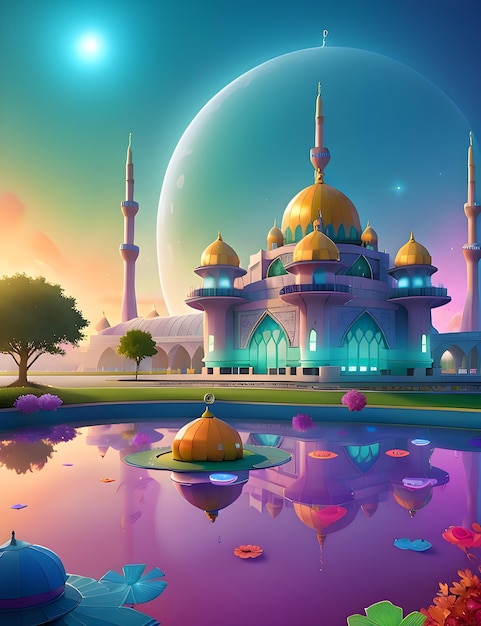 Uma mesquita surreal e futurista brilhando e pairando sobre a lagoa de um planeta alienígena