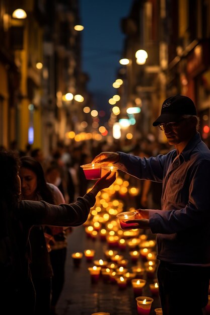 uma metrópole Cidade em Bogotá Cidade sem eletricidade Pessoas iluminando com velas e lanterna de mão