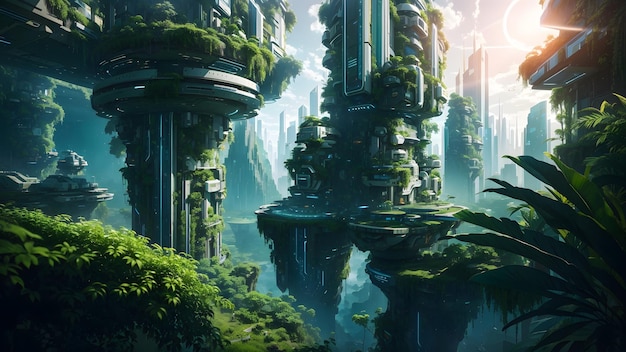 Uma metrópole futurista no fundo da floresta Generative AI