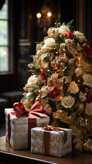 Uma mini árvore de Natal e acompanhada de caixas de presente em embalagem de presente de prata com laço vermelho Vertical de alta qualidade